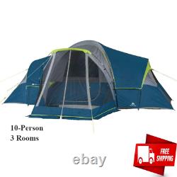 10-Person Family Camping Tent with 3 Rooms and Screen Porch EZ Setup w Mud Mat