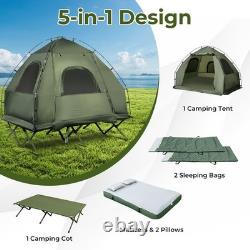 2-Person Folding Camping Tent Elevated With Air Mattress & Sleeping Bags