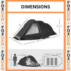 3 4 Man Tunnel Tent Black Air Vents Carry Bag Festival Fibreglass Poles FOXDEN