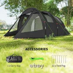 3 4 Man Tunnel Tent Black Air Vents Carry Bag Festival Fibreglass Poles FOXDEN