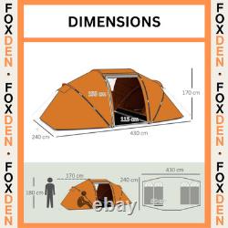 4 6 Man Tunnel Tent Waterproof Ventilation Mesh Windows Orange Air Vents FOXDEN