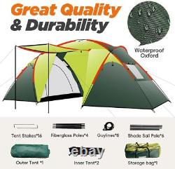 4 Man 2 Room Tent Waterproof, Large Family Camping Tunnel Tent With Awning