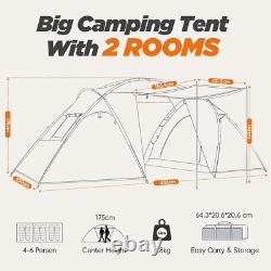 4 Man 2 Room Tent Waterproof, Large Family Camping Tunnel Tent With Awning