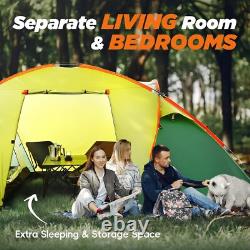 4 Man 2 Room Tent Waterproof, Large Family Camping Tunnel Tent With Awning