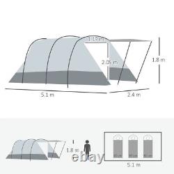 6-8 Person Tunnel Tent 2 Room Camping 3 Door Carry Bag Festival 1.8M High Grey