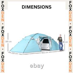 6 Man Family Camping Tent 3 Rooms Large Waterproof Tunnel Tent Windows FOXDEN