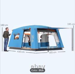 Blue Camping Tent Double Layer Tunnel Tent with Porch Living Area and 2 Rooms UK