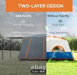 Blue Camping Tent Double Layer Tunnel Tent with Porch Living Area and 2 Rooms UK