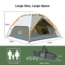 Camping Tent, 3 Man Instant Pop Up Tent Waterproof, Large Double Layer