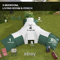 Large Family Tent with 3 Bedroom, Living Area and Porch for 6-9 Person, Green