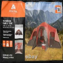 Large Outdoor Camping Tent, 10-Person 3-Room Cabin Screen Porch Waterproof Red