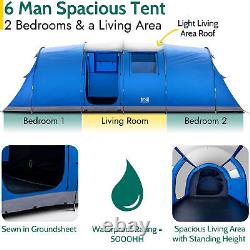 Large Tunnel Tent 6 Man 2 Bedroom Family Camping Waterproof Sewn In Groundsheet