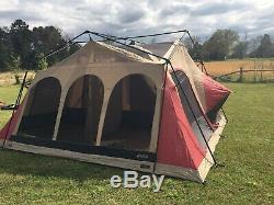 Large Used 15x15 Jeep Camping Tent 4 Room Vacation Home With Canvas Rolling Bag