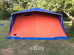 Large Vintage Retro French Canvas Frame Tent. 1970s. Red & Blue. Made By Lamont