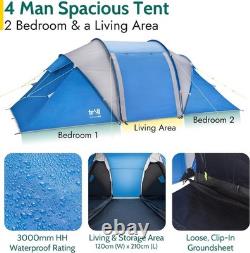 Luxury 4-Person Camping Tent with Living Space, 3000mm Waterproof Rating