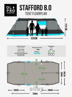 OLPRO Stafford 8.0 8 Berth Family Camping Tunnel Tent 7m x 3m Spacious adventure