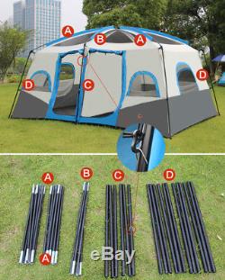 Outdoor 8-12Persons Large Family Camping Hiking Tent 2 Rooms Double Layer Oxford