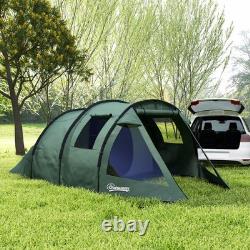 Outsunny 3-4 Persons Tunnel Tent, Two Room Camping Tent with Windows, Green
