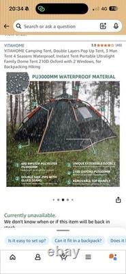 Pop Up Tent 3 Man 4 Seasons Waterproof. 210D Oxford With 2 Windows