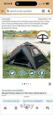 Pop Up Tent 3 Man 4 Seasons Waterproof. 210D Oxford With 2 Windows