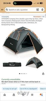 Pop Up Tent 3 Man 4 Seasons Waterproof. 210D Oxford With 2 Windows