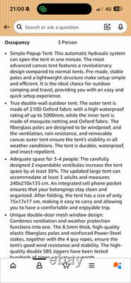 Pop Up Tent 3 Man 4 Seasons Waterproof. 210D Oxford With 2 Windows