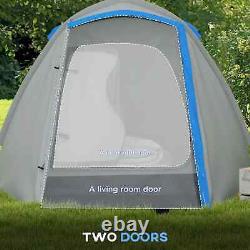 Two-Man Camping Dome Tent 2 Rooms & 2000mm Waterproof with Front Porch Blue Grey