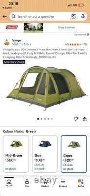 Vango Icarus 500DLX 5 Person Tunnel Tent Green, 2000mm, Windows, 2 Door