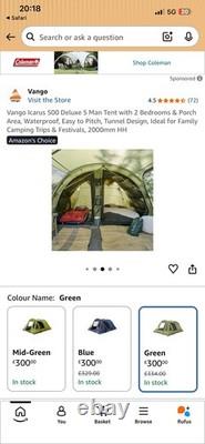 Vango Icarus 500DLX 5 Person Tunnel Tent Green, 2000mm, Windows, 2 Door