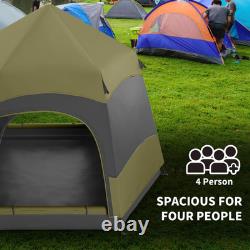 Water-Resistant 4-Person Camping Tent with Mesh Windows & Storage Dark Green