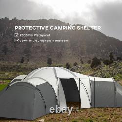Grande tente de camping avec 3 chambres, un espace de vie et un porche pour 6 à 9 personnes