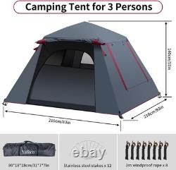 Grande tente dôme imperméable pop-up automatique pour 3 personnes, 83 pouces