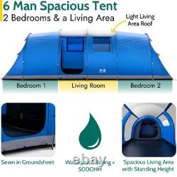 Grande tente tunnel 6 places 2 chambres pour camping familial, imperméable avec tapis de sol cousu intégré