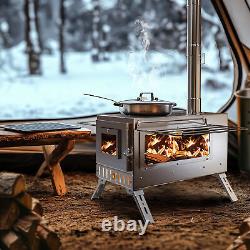 Poêle à bois portable pour tente grande taille avec 7 tuyaux de cheminée, chauffage et cuisson en extérieur