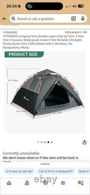 Tente Pop Up 3 Personnes 4 Saisons Imperméable. 210D Oxford avec 2 Fenêtres