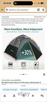 Tente Pop Up 3 Personnes 4 Saisons Imperméable. 210D Oxford avec 2 Fenêtres