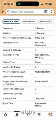 Tente Pop Up 3 Personnes 4 Saisons Imperméable. 210D Oxford avec 2 Fenêtres