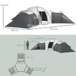 Tente Tunnel Spacieuse Outsunny avec 3 Chambres, Espace de Vie et Porche, Gris
