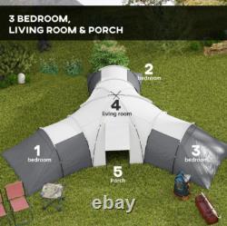 Tente Tunnel Spacieuse Outsunny avec 3 Chambres, Espace de Vie et Porche, Gris