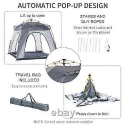 Tente abri pop-up de camping pour 4 personnes, équipement de randonnée, sac de voyage gris.