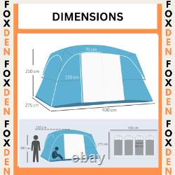 Tente de Camping Portable 4-8 Personnes avec 2 Chambres, 6 Fenêtres en Maille, Cadre en Acier Bleu