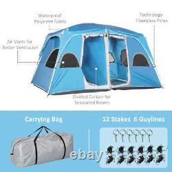 Tente de Camping Portable 4-8 Personnes avec 2 Chambres, 6 Fenêtres en Maille, Cadre en Acier Bleu