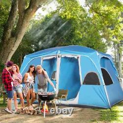 Tente de Camping Portable 4-8 Personnes avec 2 Chambres, 6 Fenêtres en Maille, Cadre en Acier Bleu