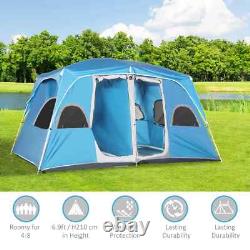 Tente de Camping Portable 4-8 Personnes avec 2 Chambres, 6 Fenêtres en Maille, Cadre en Acier Bleu