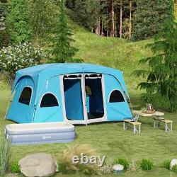 Tente de Camping Portable 4-8 Personnes avec 2 Chambres, 6 Fenêtres en Maille, Cadre en Acier Bleu