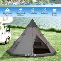 Tente de Camping Tipi 6-7 Personnes Grand Cadre Métallique Hexagonal avec Sac de Transport Gris