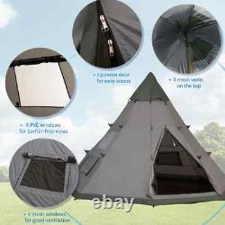 Tente de Camping Tipi 6-7 Personnes Grand Cadre Métallique Hexagonal avec Sac de Transport Gris