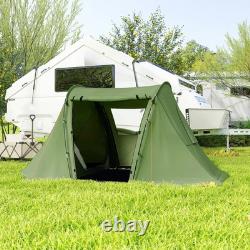 Tente de camping 3 personnes avec espace de vie et 2 chambres, avec tapis de sol intégré et sac.