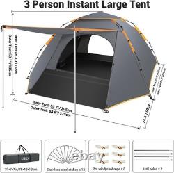 Tente de camping 3 personnes pop-up automatique instantanée trois couches imperméable 4 saisons grande