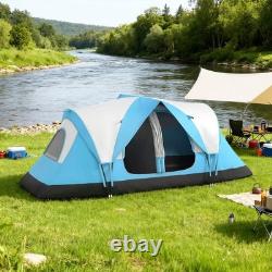 Tente de camping 6-8 personnes imperméable 2000 mm avec double toit, deux pièces, tunnel, 3 saisons, bleu ciel